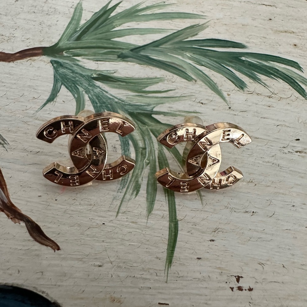 CHANEL Rose Gold Logo Stud Earrings